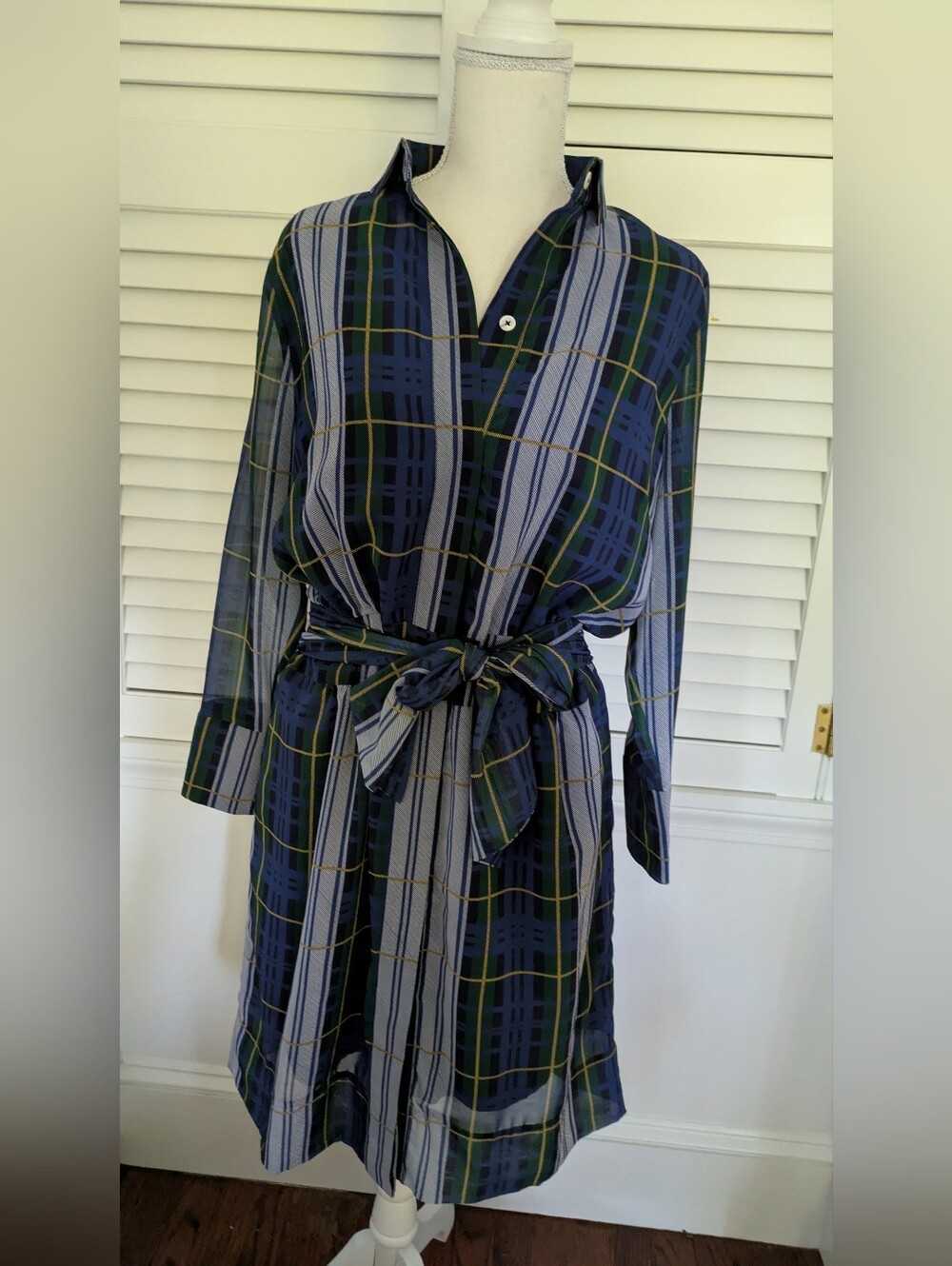 Gretchen Scott Plaid Belted Shirt Dress in Navy and Green, Sz M
